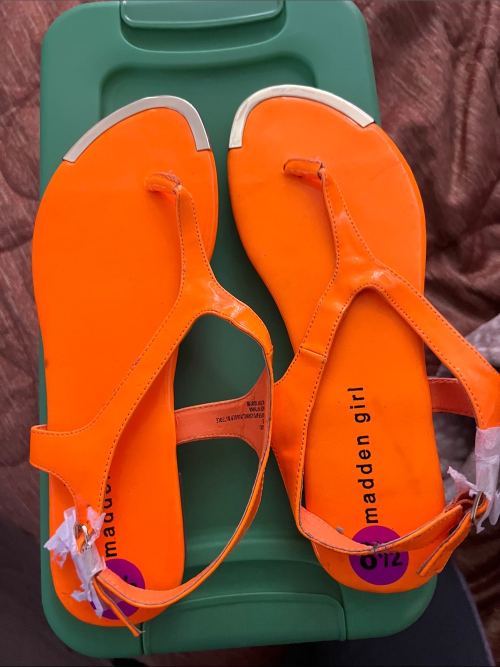 Madden Girl Bright Orange T-Strap Sandals with Metallic Accents